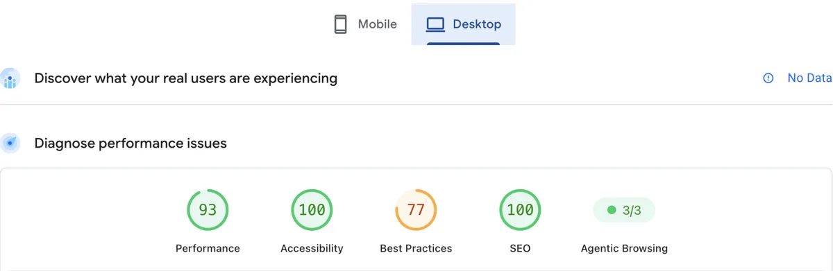 PageSpeed Insights 15.10.2026 illalla, desktop: Performance 93, Accessibility 100, Best Practices 77, SEO 100, Agentic Browsing 3/3
