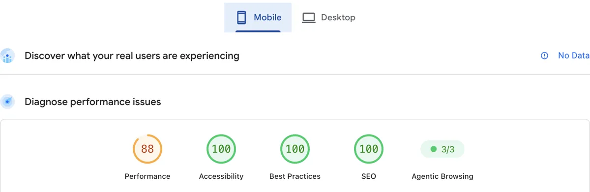 PageSpeed Insights 15.10.2026 illalla, mobiili: Performance 88, Accessibility 100, Best Practices 100, SEO 100, Agentic Browsing 3/3